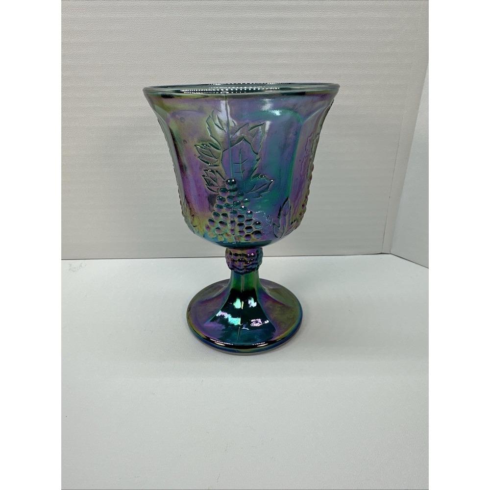 Vintage Indiana Blue Carnival Glass Harvest Grape Footed Goblet